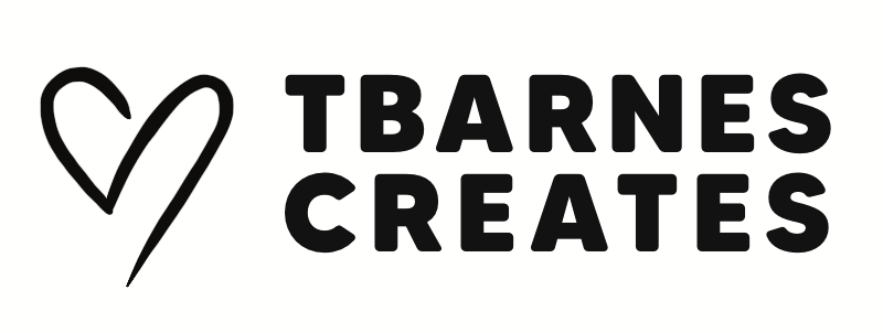 A logo with a heart shape on the left and the words 'TBARNES CREATES' in bold black letters on the right.