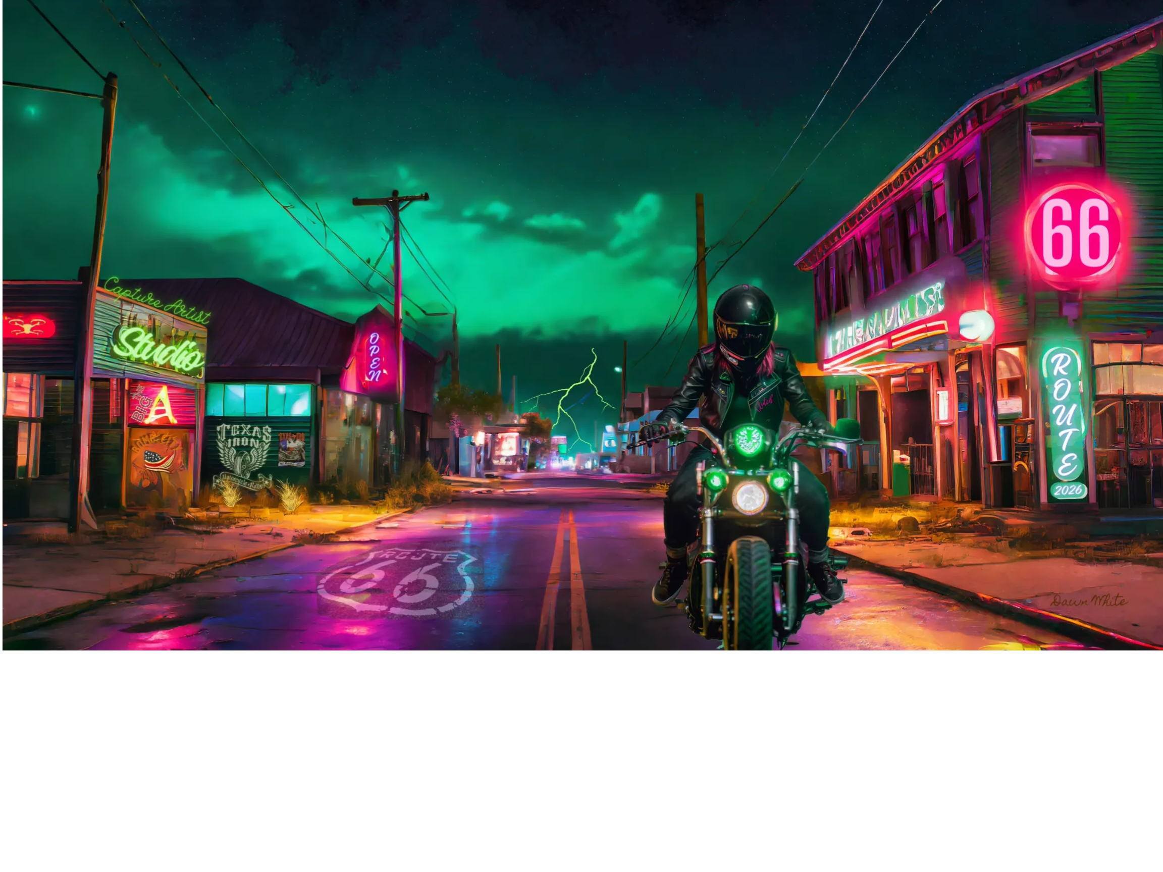 AI‑generated neon night scene with a motorcycle rider, glowing signs, lightning storm, and green sky, animated with a rotating‑lamp reveal effect.