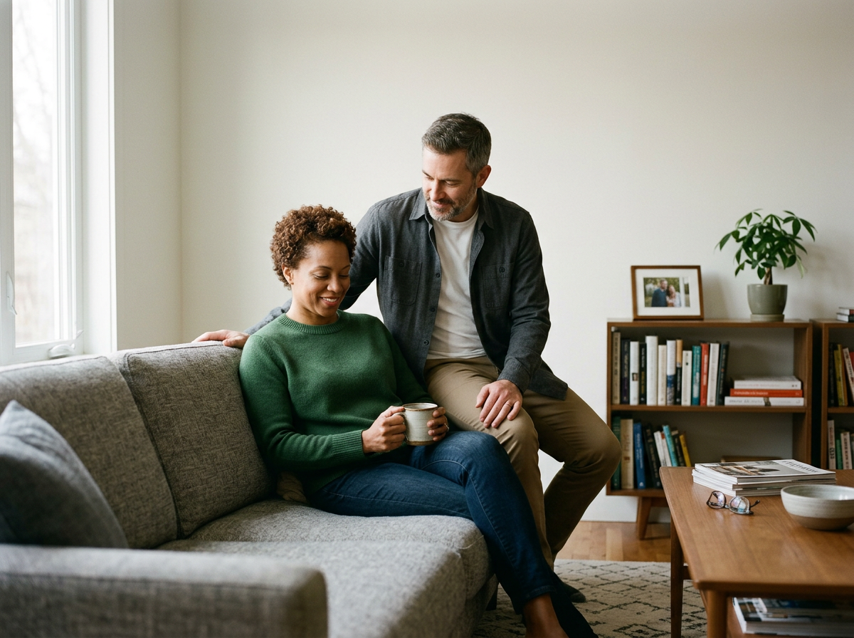 A man and woman sitting on a gray sofa in a living room, smiling and talking, with the woman holding a mug in her hands.