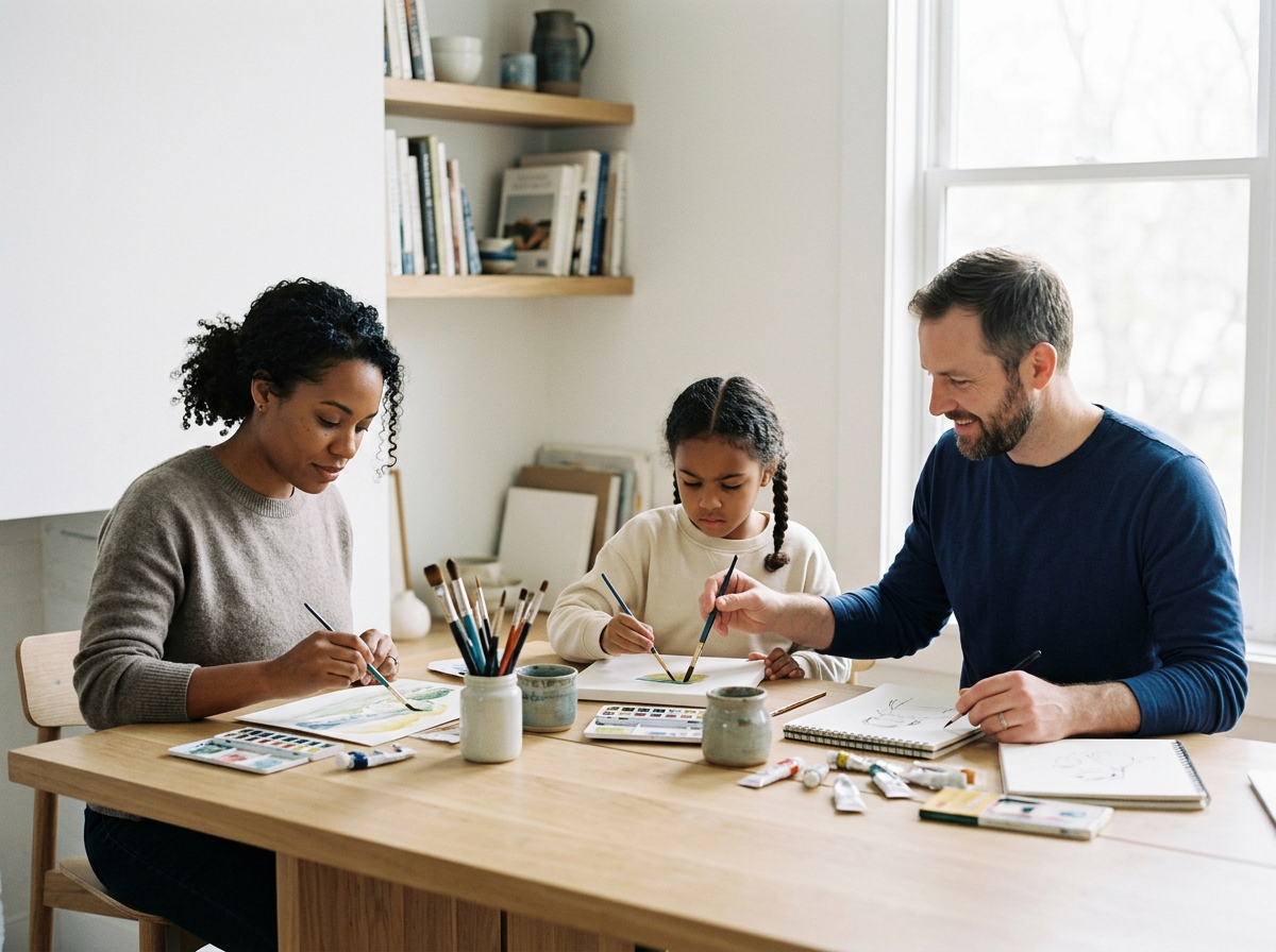 A family of three, including a woman, a man, and a young girl, sitting at a wooden table engaged in painting or drawing with art supplies like paintbrushes, watercolors, and sketchbooks.