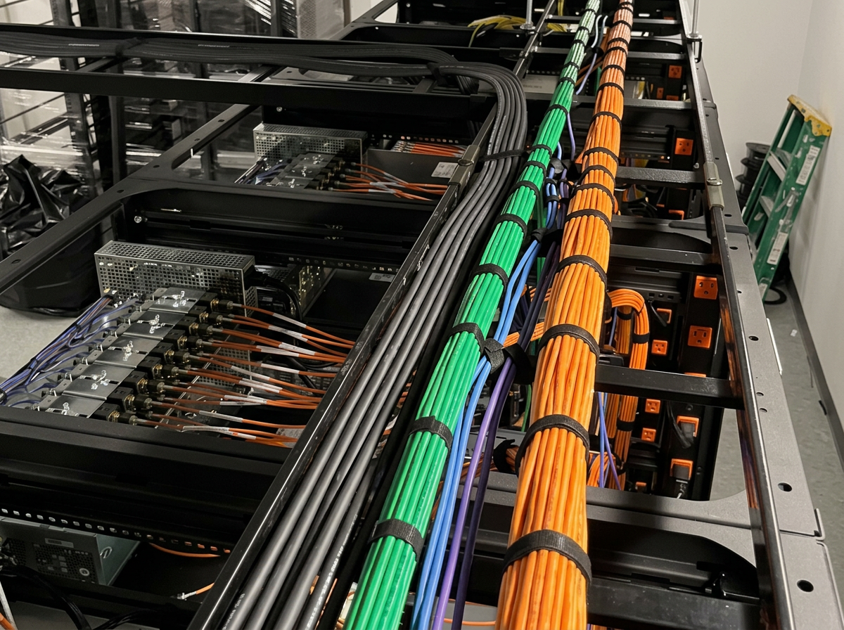 Close-up view of a server rack's interior with multiple colorful organized cables, power supplies, and electronic components.