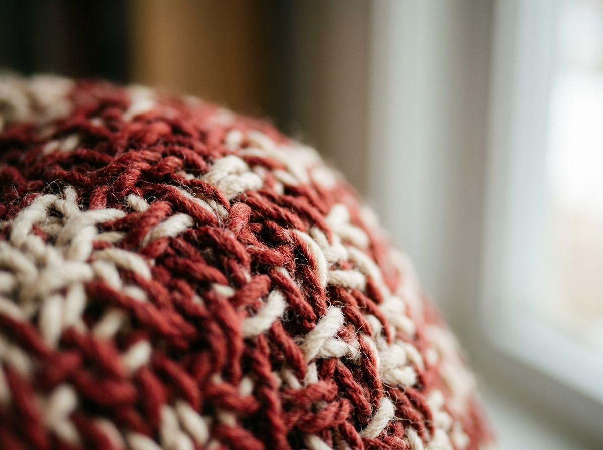 Close-up of a chunky knitted textile with red, white, and beige yarns, near a window with curtains.