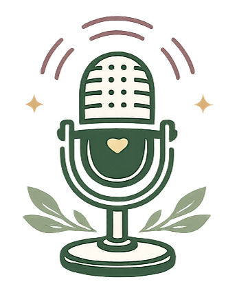 Stylized illustration of a vintage microphone with leaves at the base, surrounded by sparkles and sound waves.