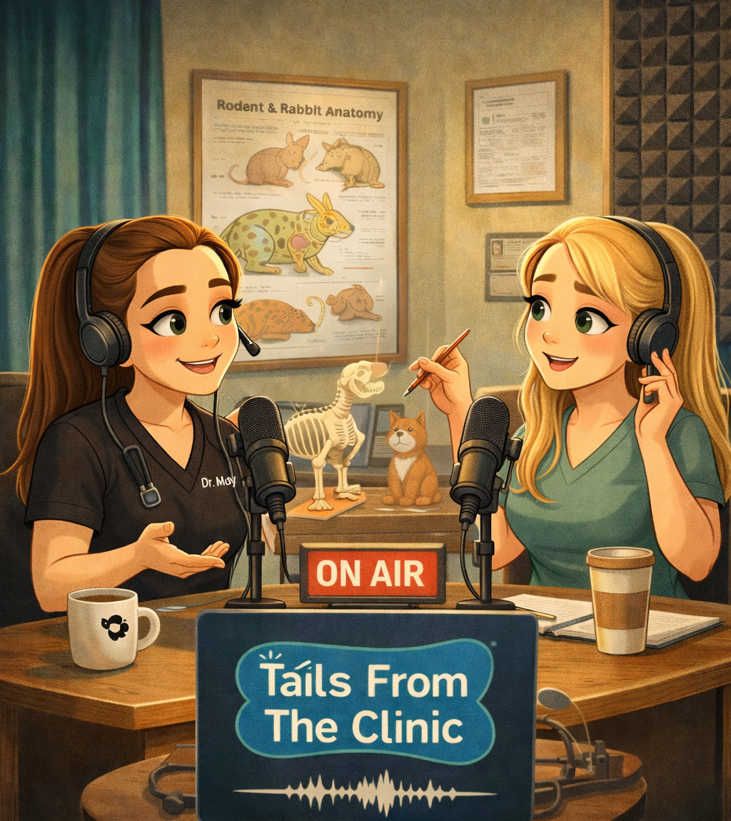 Two women hosts recording a podcast in a studio, surrounded by pet anatomy posters and animal models, with a sign reading 'Tails From The Clinic' in front of them.
