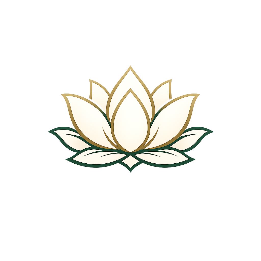 A stylized illustration of a white lotus flower with green outlines and gold accents.