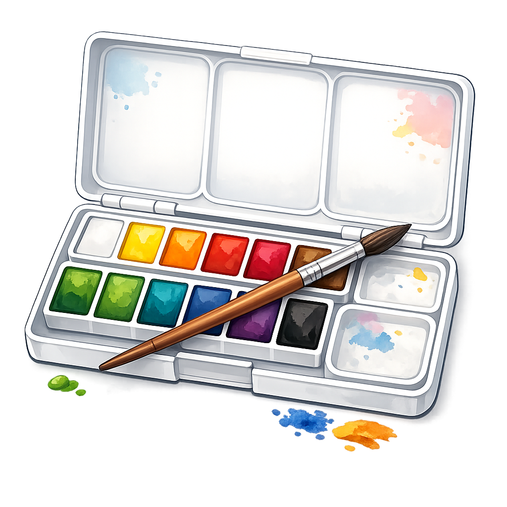 An open watercolor paint set with twelve colors, a paintbrush resting on it, and some paint splatters on the case and outside. The colors include green, teal, blue, purple, black, red, orange, yellow, and brown.