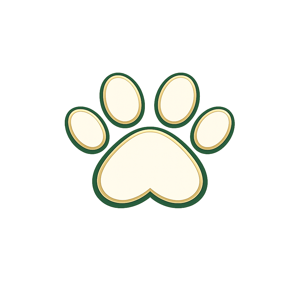 A paw print with a dark green outline, beige background, and gold trim, set against a black background.