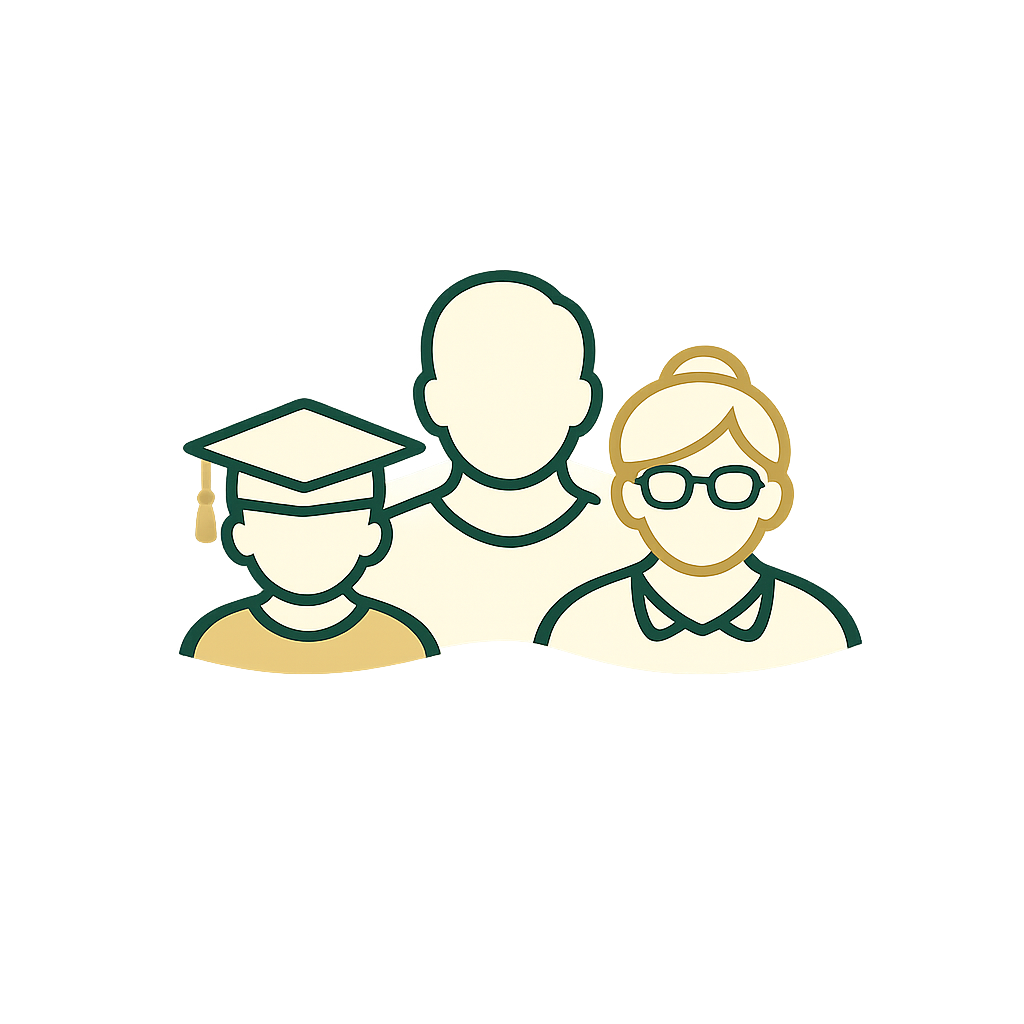 Illustration of three people representing students and educators, with one wearing a graduation cap, in academic settings.