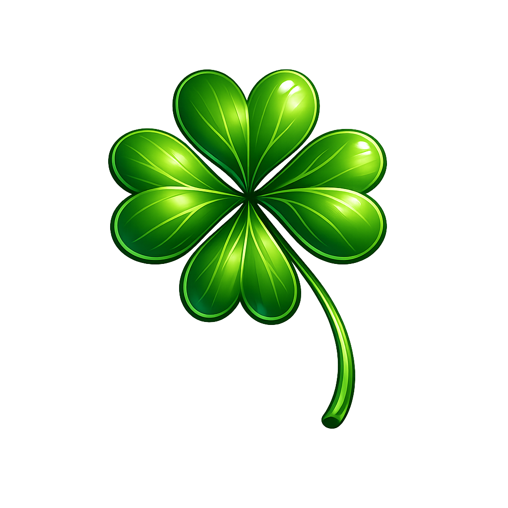 Green four-leaf clover with a shadow on a black background.
