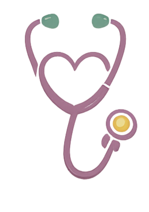 Illustration of a pink stethoscope with green earpieces and a yellow chest piece, on a purple background.
