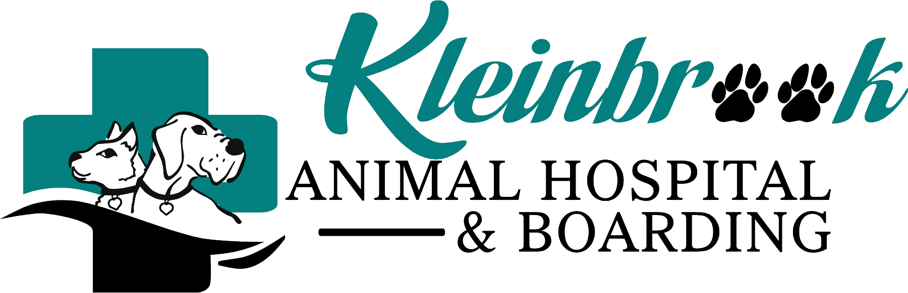Logo for Kleinp Animal Hospital and Boarding featuring a cross and illustrations of a dog and a cat.