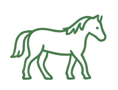 Green outline drawing of a horse walking.