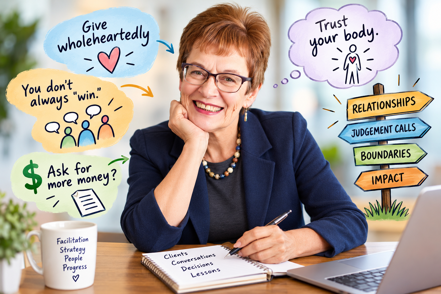A picture of Barb Pedersen with word and image clouds around her describing the lessons she has learned.