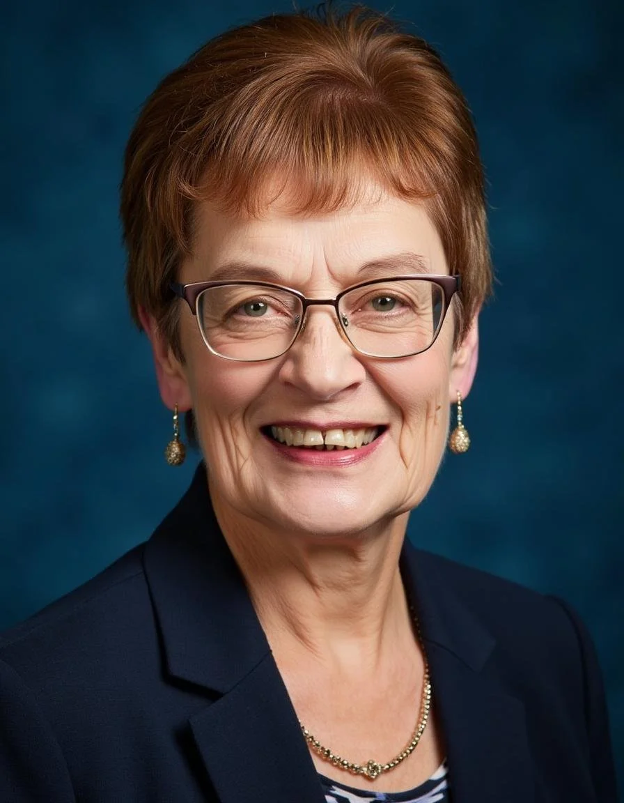 A woman with short, reddish-brown hair and glasses, smiling, wearing a dark blazer, earrings, and a necklace, against a dark blue background.