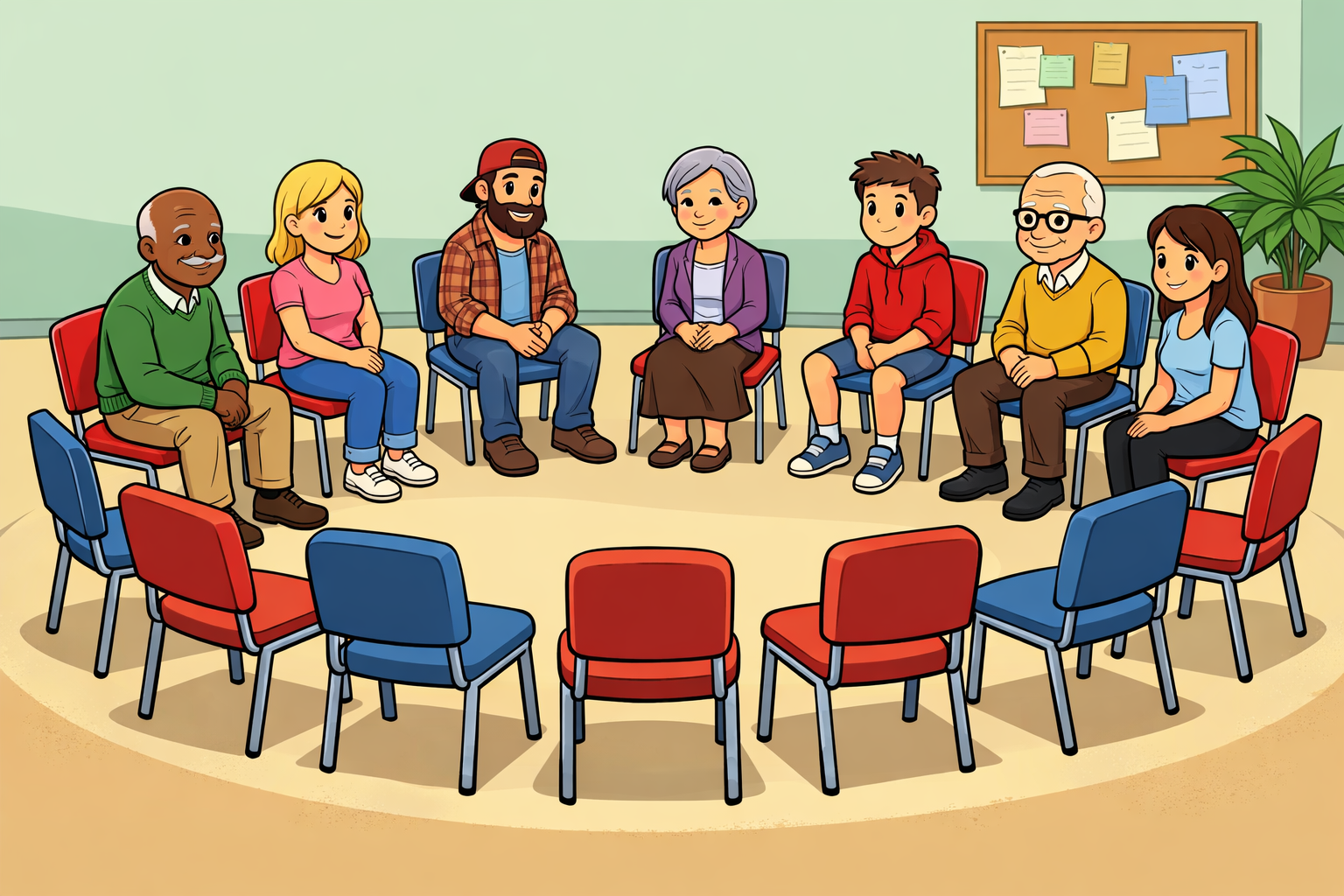 A circle of 14 chairs of which people sit in seven and the remaining seven are empty