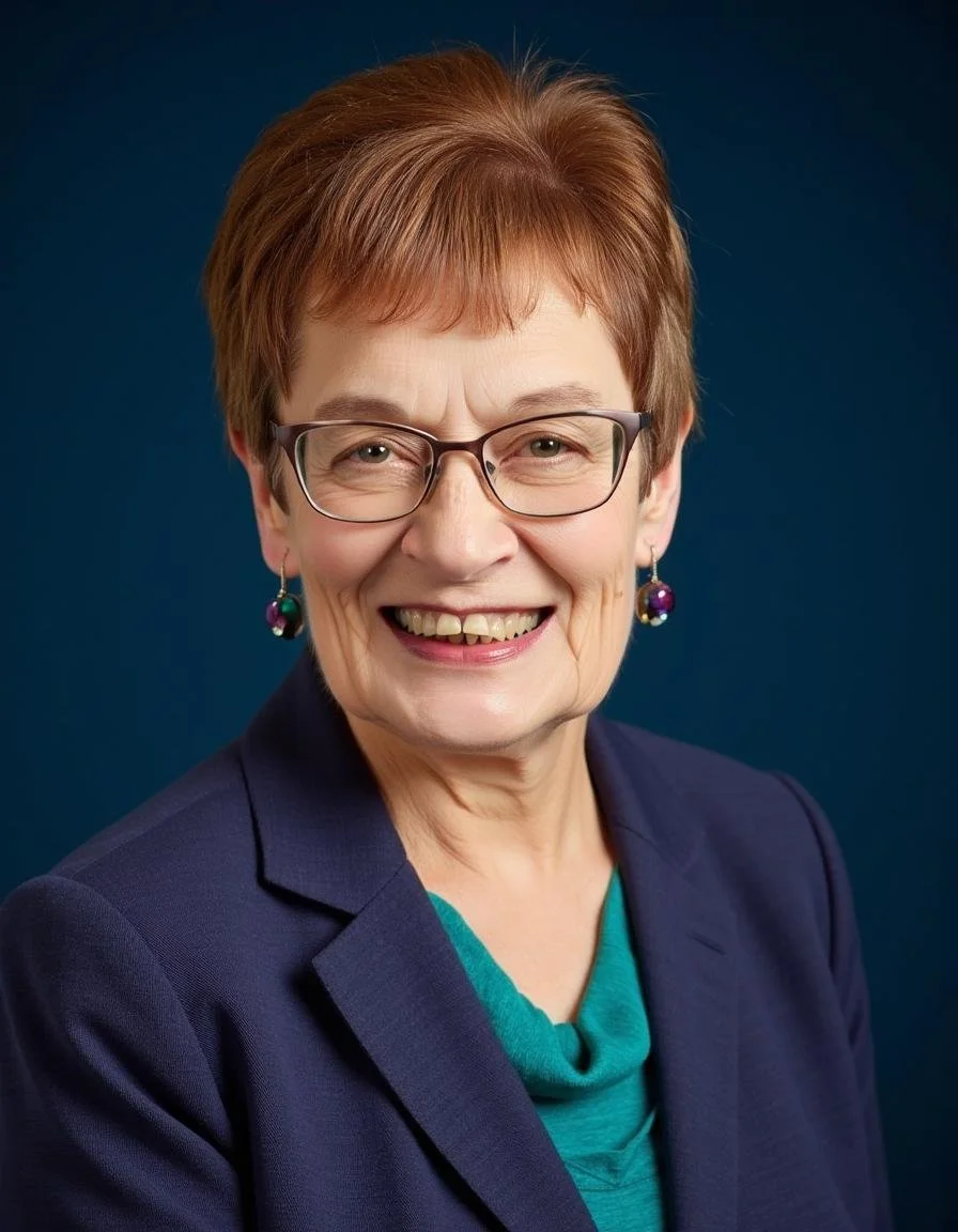 Portrait of a smiling middle-aged woman with short red hair and glasses, wearing a dark blazer and teal top, against a dark background.