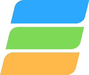 A logo with three horizontal, curved bands in blue, green, and orange.