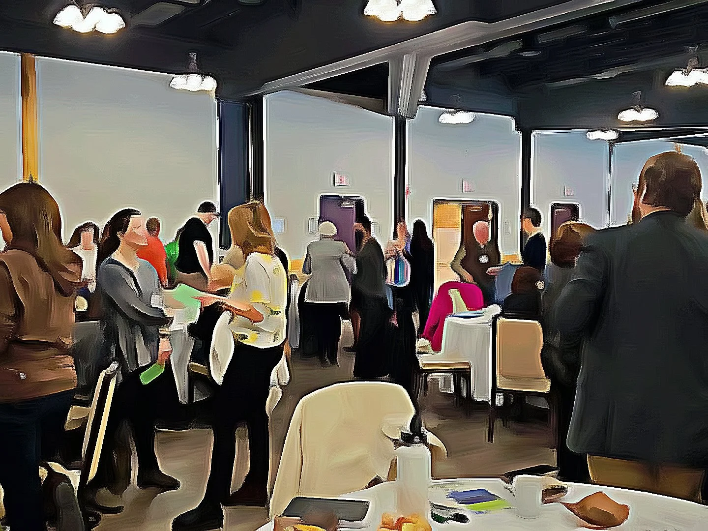 People attending a facilitation or meeting in a large room with high ceilings and large windows, some standing and talking, others seated, with several display boards in the background.