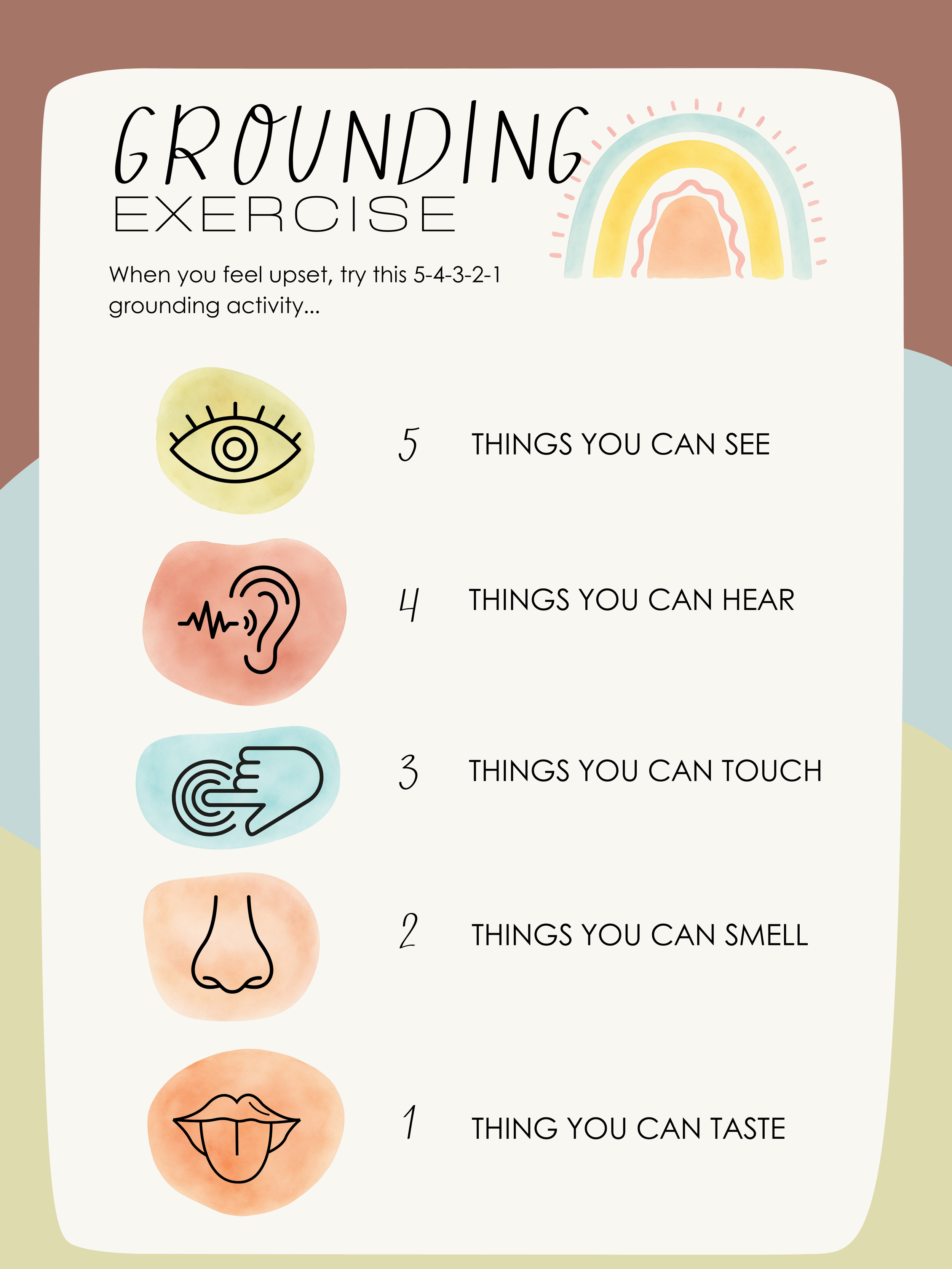 A simple 5-step grounding technique to calm anxiety in minutes. An Ohio therapist explains how to use your five senses to get out of your head and back to now.