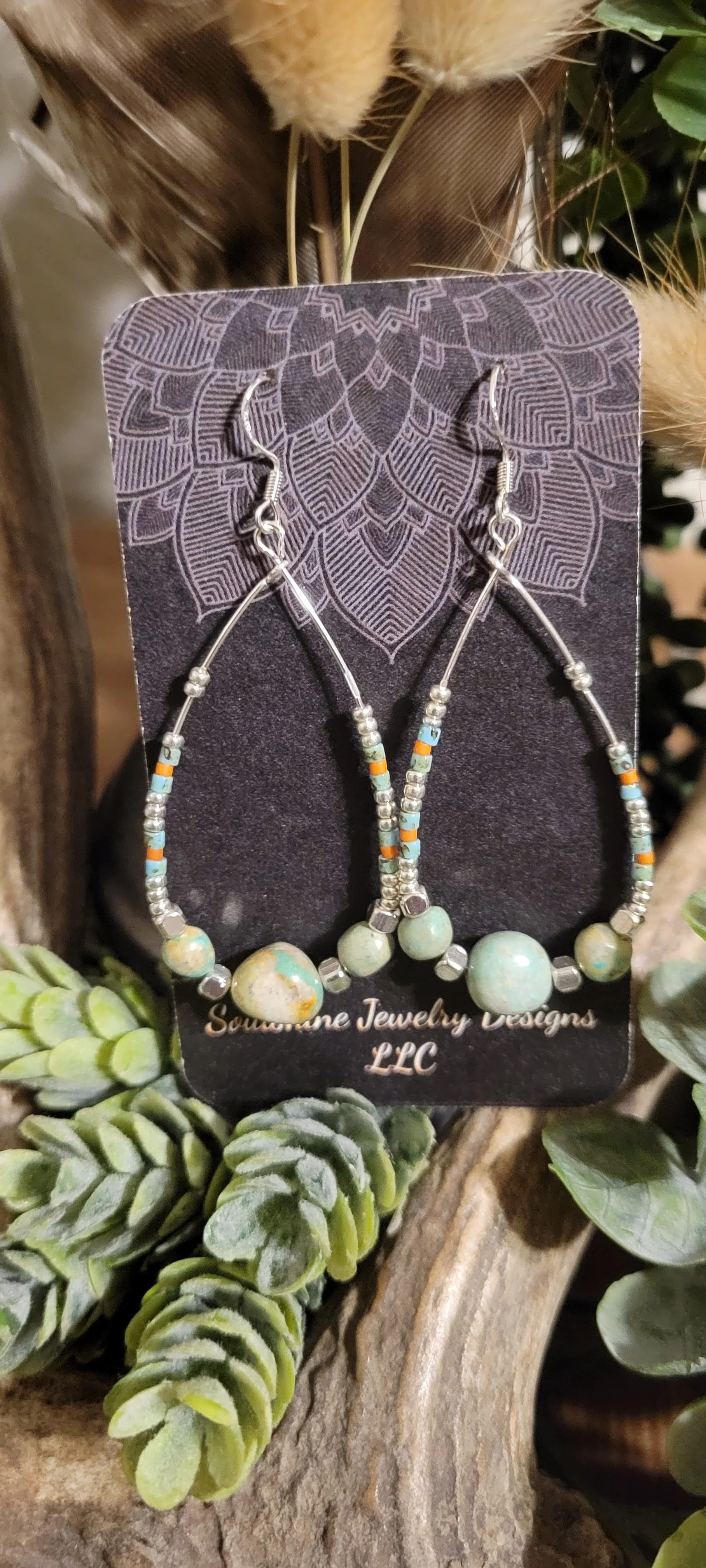 Turquoise and Hematite Hoop Earrings