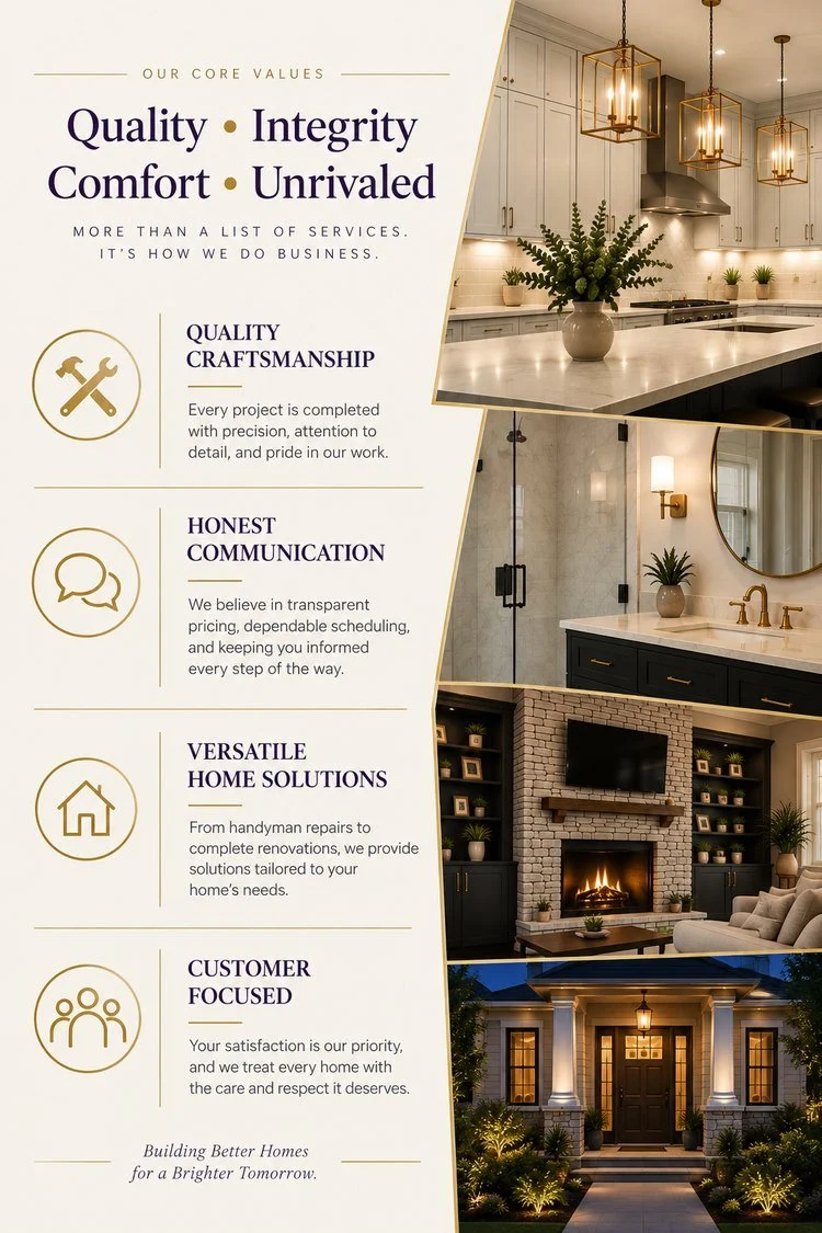 A flyer showcasing core values of a home improvement or construction company, featuring images of a kitchen, bathroom, living room, and house exterior.