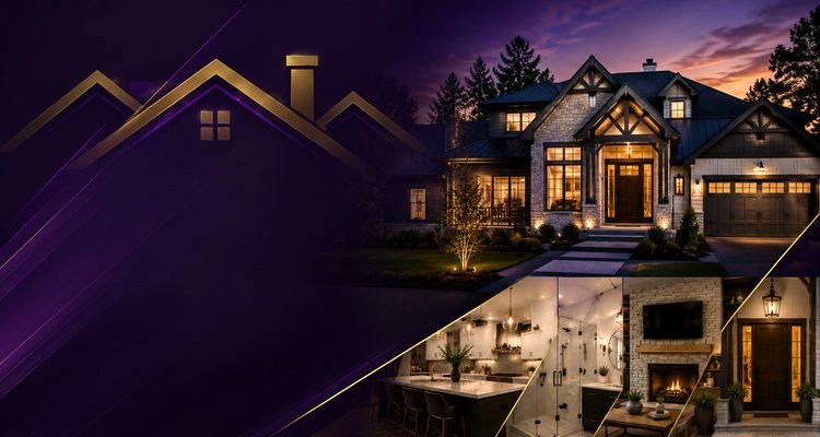 A luxurious two-story house with a lit front porch and a well-maintained yard at dusk, featuring an open-concept kitchen with a dining area and a fireplace.