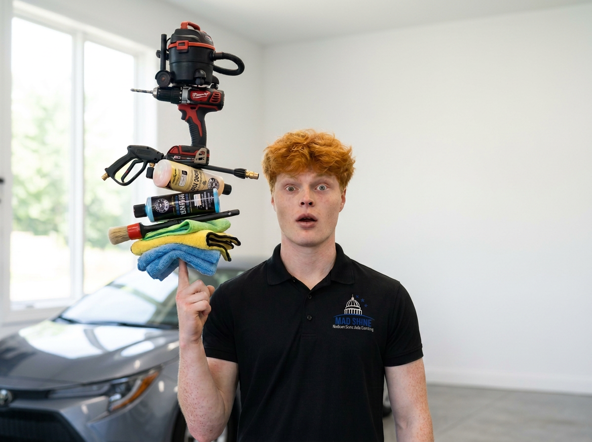 A red-haired man in a black shirt with a logo, standing inside, balances various car cleaning tools and supplies on his finger, including a pressure washer, spray bottles, microfiber cloths, and gloves.