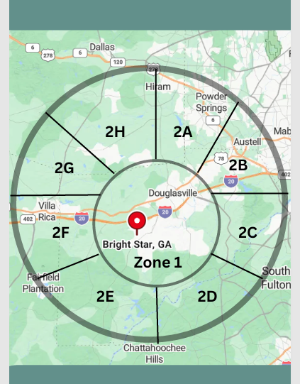A map of Georgia divided into multiple zones around Bright Star, GA, with Zone 1 at the center and surrounding zones labeled 2A, 2B, 2C, 2D, 2E, 2F, 2G, 2H.