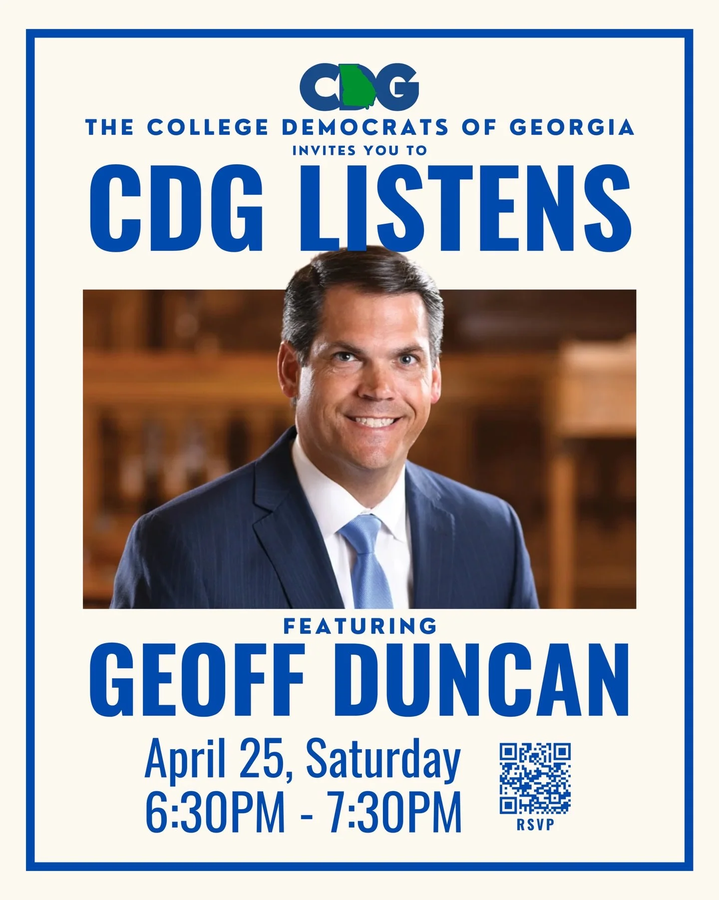 Join us for CDG Listens featuring Geoff Duncan on April 25 at 6:30PM! This virtual forum gives you the opportunity to hear directly from former Lt. Governor Geoff Duncan as he shares his experiences and priorities during this election cycle, and get 