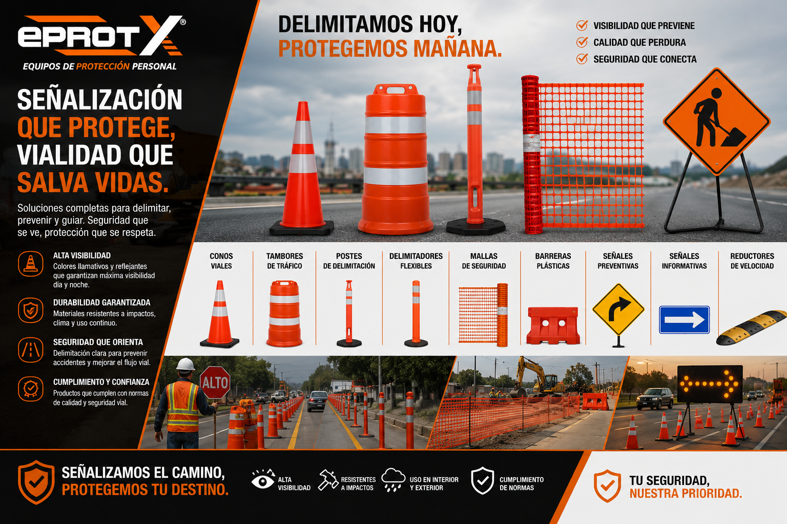Ilustración de señales de tránsito y equipos de señalización en obras viales, incluyendo conos, tambores de tráfico, postes, delimitadores, mallas de seguridad, barreras plásticas, señales preventivas e informativas, reductores de velocidad, y ejemplos en la calle. Texto en español sobre protección y seguridad vial.