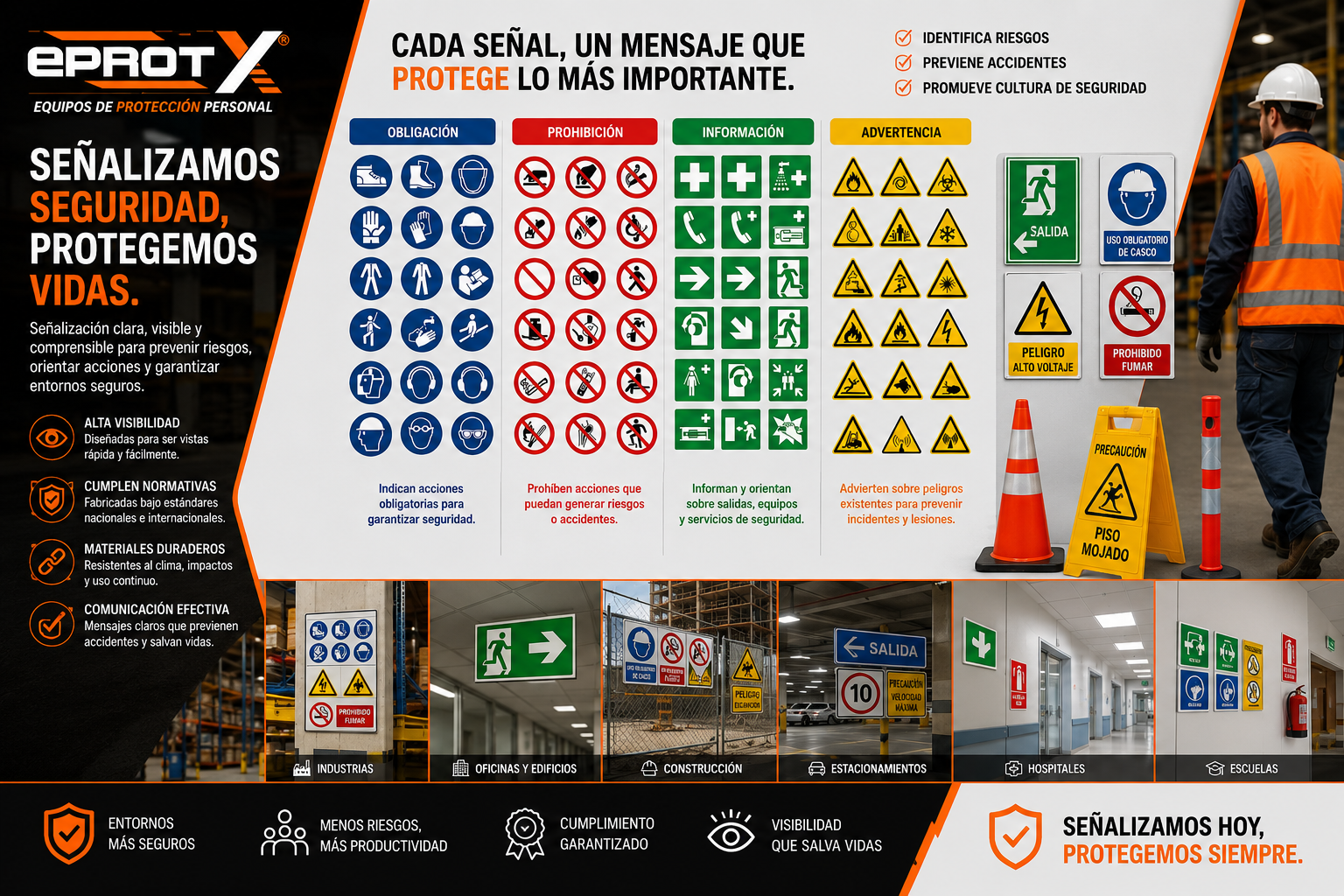 Cartel de seguridad en una obra de construcción con instrucciones y símbolos. Muestra diferentes señalizaciones de obligación, prohibición, información y advertencia, además de indicaciones para salidas, uso de casco, prohibición de fumar, y advertencias sobre peligros y condiciones del entorno. Incluye una figura de un trabajador con casco y señalizaciones en el entorno.