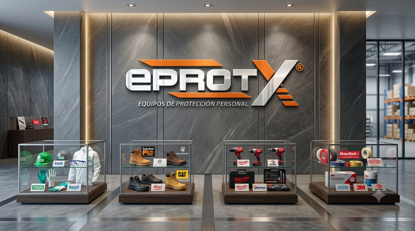 Exhibición de equipos y protección personal en una tienda, con el logotipo de Eproty y la leyenda 'Equipos de protección personal' en la pared trasera.