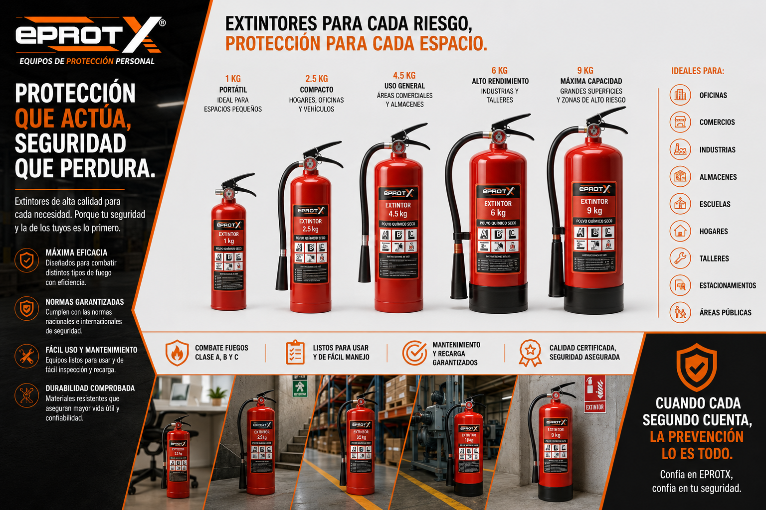 Infografía de extintores de diferentes capacidades y usos, con descripción de sus características y aplicaciones en espacios pequeños, hogares, oficinas, industrias, y servicios públicos, destacando la importancia de la prevención y el mantenimiento.