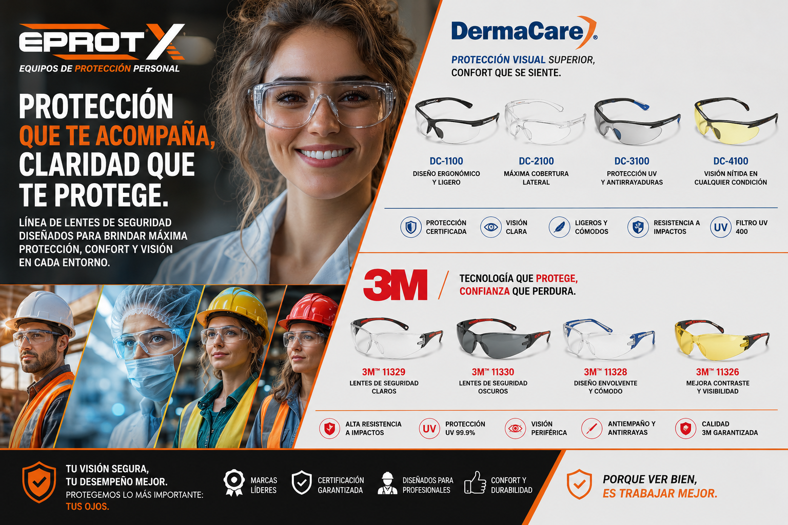 Publicidad de gafas de protección de la marca DermaCare y 3M, con modelos para diferentes condiciones y actividades laborales, mostrando diferentes tipos de gafas y sus características.