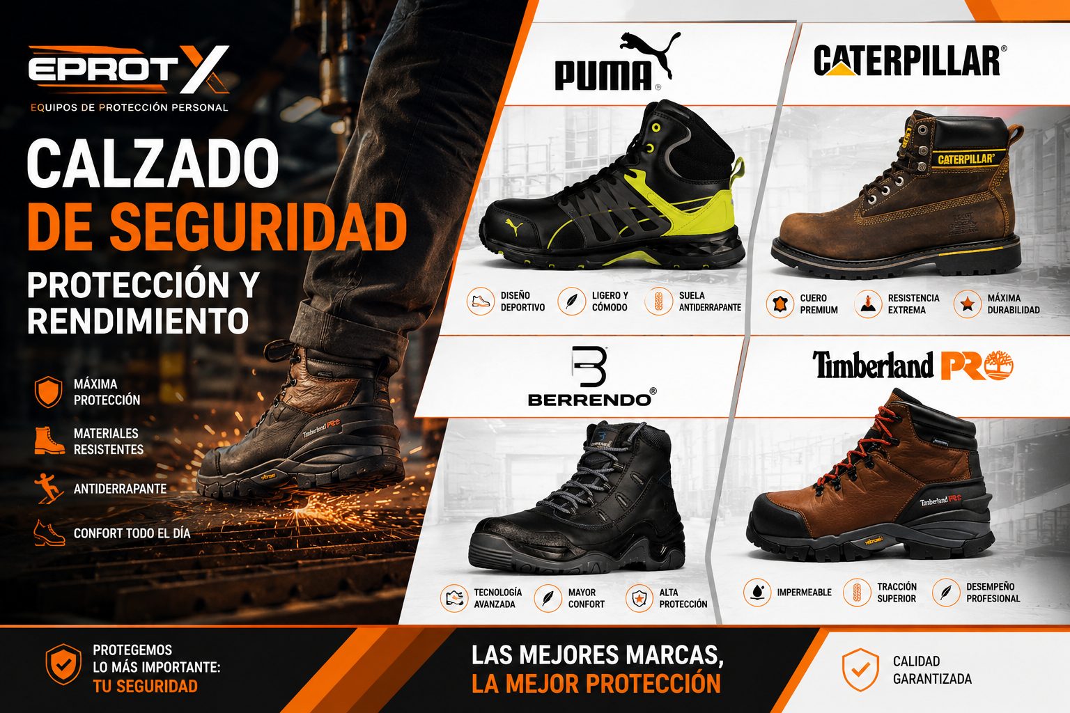 Publicidad de calzado de seguridad de varias marcas: Puma, Caterpillar, Berendo y Timberland PRO, con información sobre características y beneficios, fondo industrial con chispa y un pie usando botas de protección.