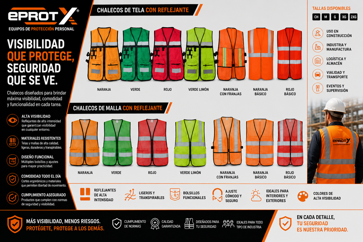 Cartel promocional de chalecos de protección de la marca EPROT X, que muestra chalecos de tela y malla en diferentes colores y reflectantes, diseñados para protección en construcción, industria, logística, transporte y supervisión.