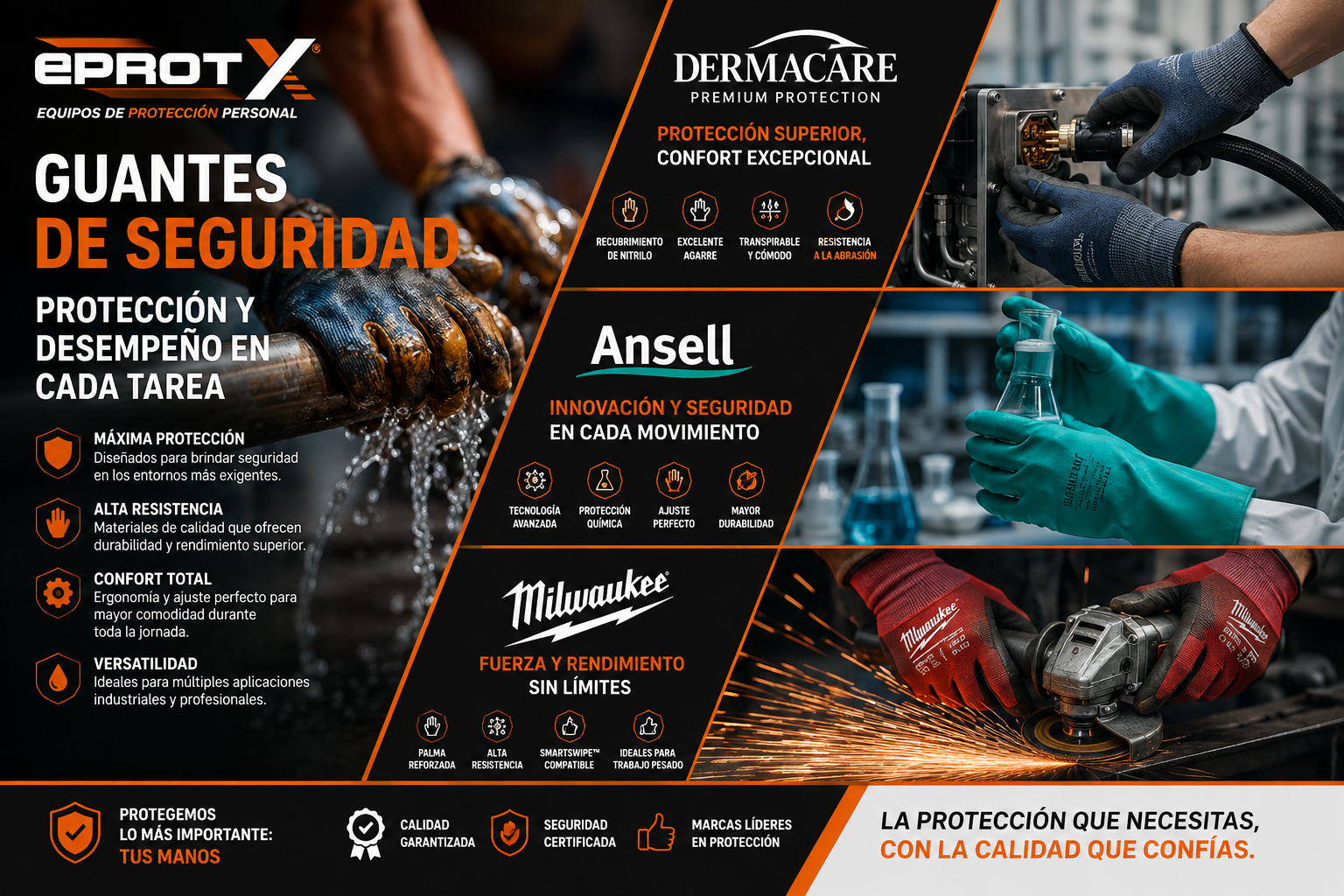 Publicidad de guantes de seguridad de diferentes marcas: EPROTX, Dermacare, Ansell y Milwaukee, con información sobre sus características y beneficios para protección laboral en diferentes tareas.