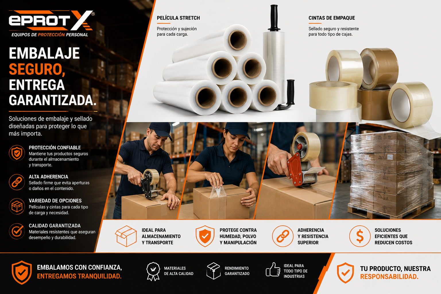 Publicidad de soluciones de embalaje y sellado, mostrando rollos de película stretch, cintas de empaque, y personas tapando y sellando cajas en un almacén, con énfasis en protección, adherencia y calidad.