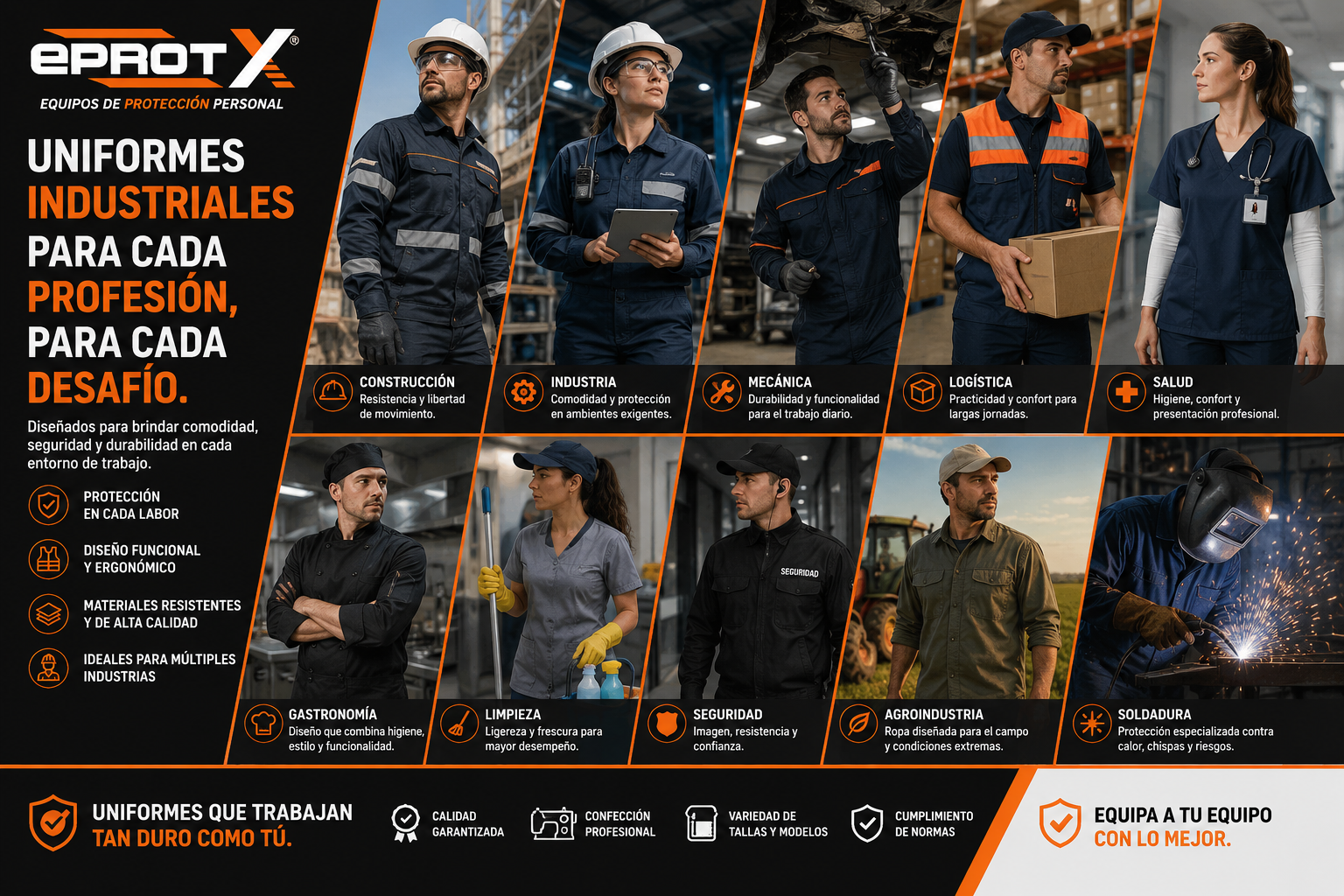 Publicidad de uniformes industriales para diferentes profesiones con imágenes de trabajadores en diferentes entornos, utilizando equipo y ropa especializada, resaltando protección, comodidad, durabilidad y variedad de estilos.