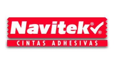Logotipo de Navitek, empresa de cintas adhesivas, con fondo negro, letras blancas y rojas.