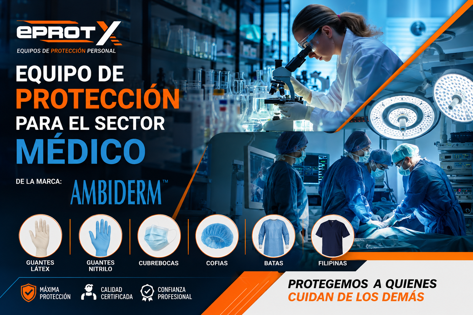 Publicidad de un equipo de protección personal para el sector médico, con imágenes de médicos en un quirófano y diferentes tipos de equipo como guantes, cubrebocas, cofias, batas y filipinas.