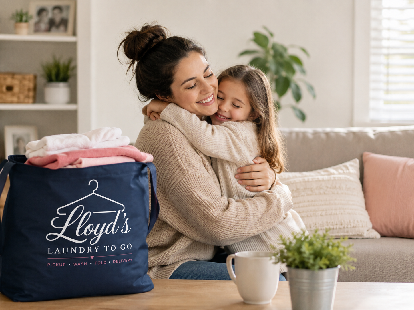 A woman and young girl happily hugging inside of a living room, with a laundry bag labeled 'Lloyd's Laundry to Go' sitting on a table nearby, and a couch with pillows in the background.