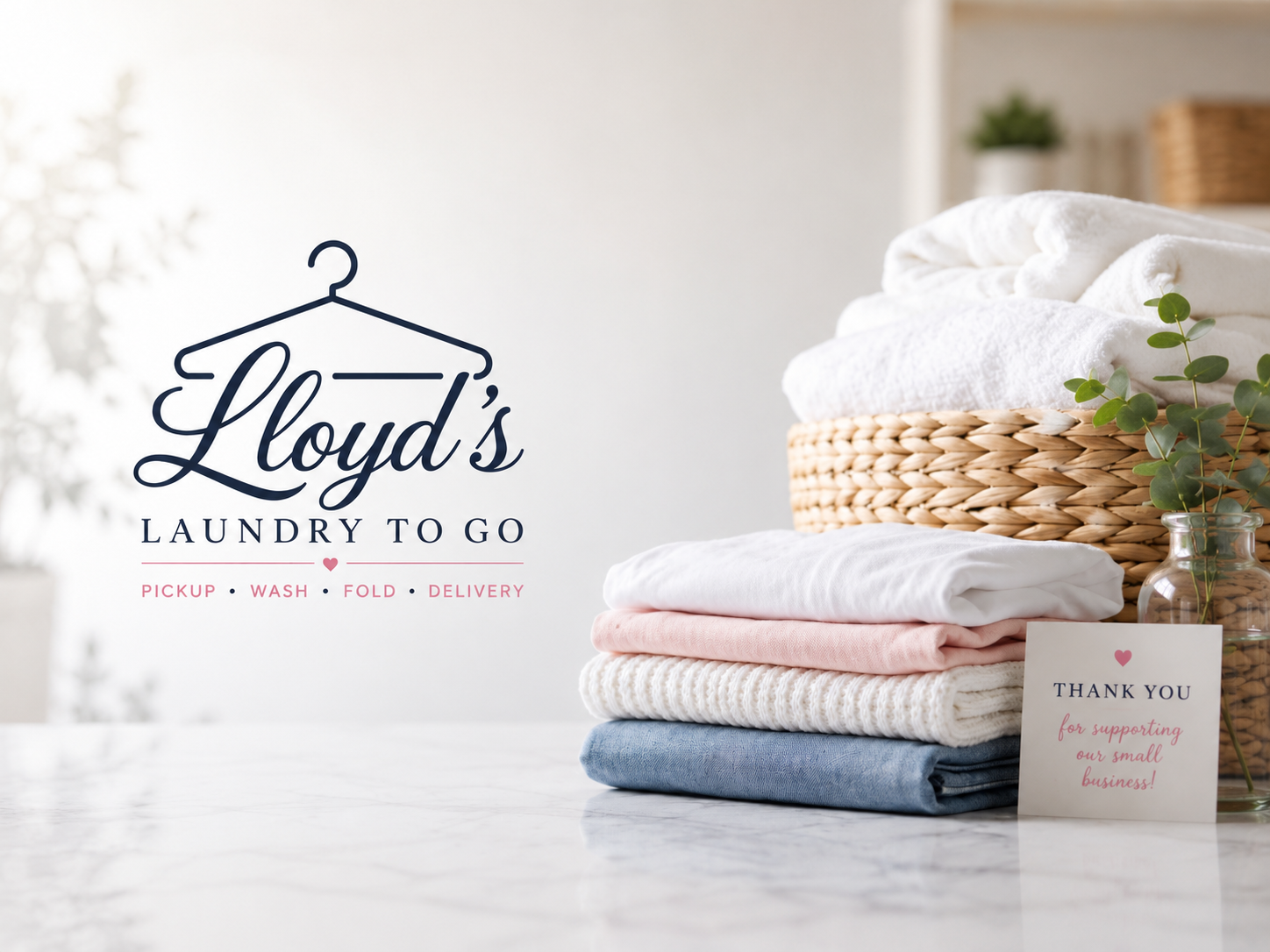 Lloyds Laundry To Go logo and neatly folded laundry with a thank-you message
