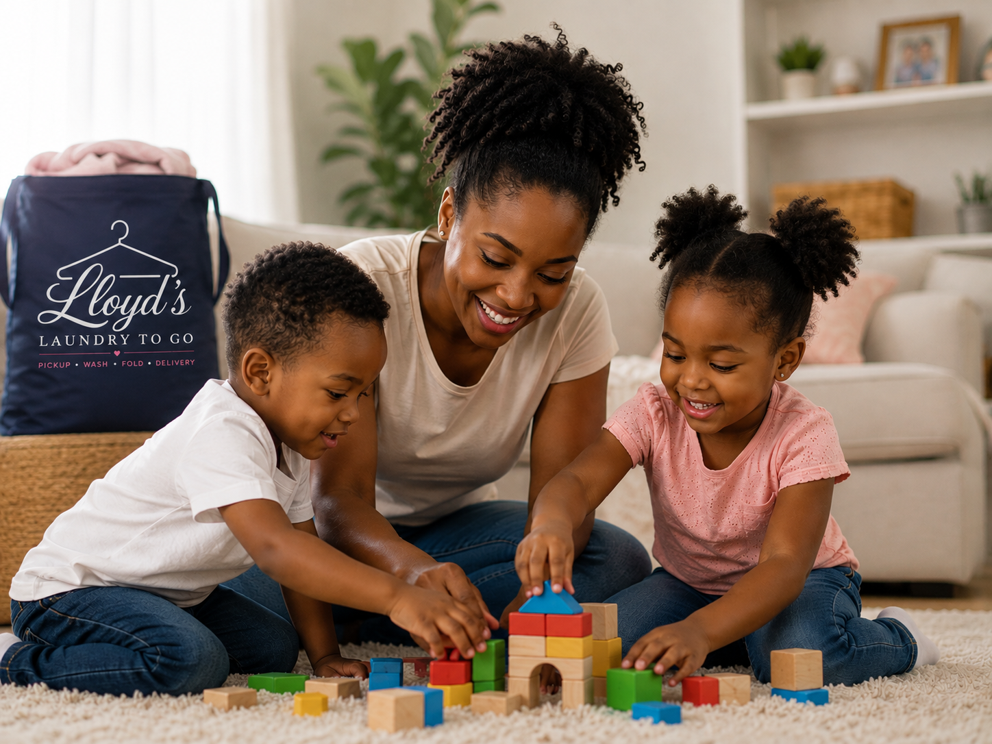 A smiling woman playing with two children using colorful wooden blocks on a beige carpet in a cozy living room.