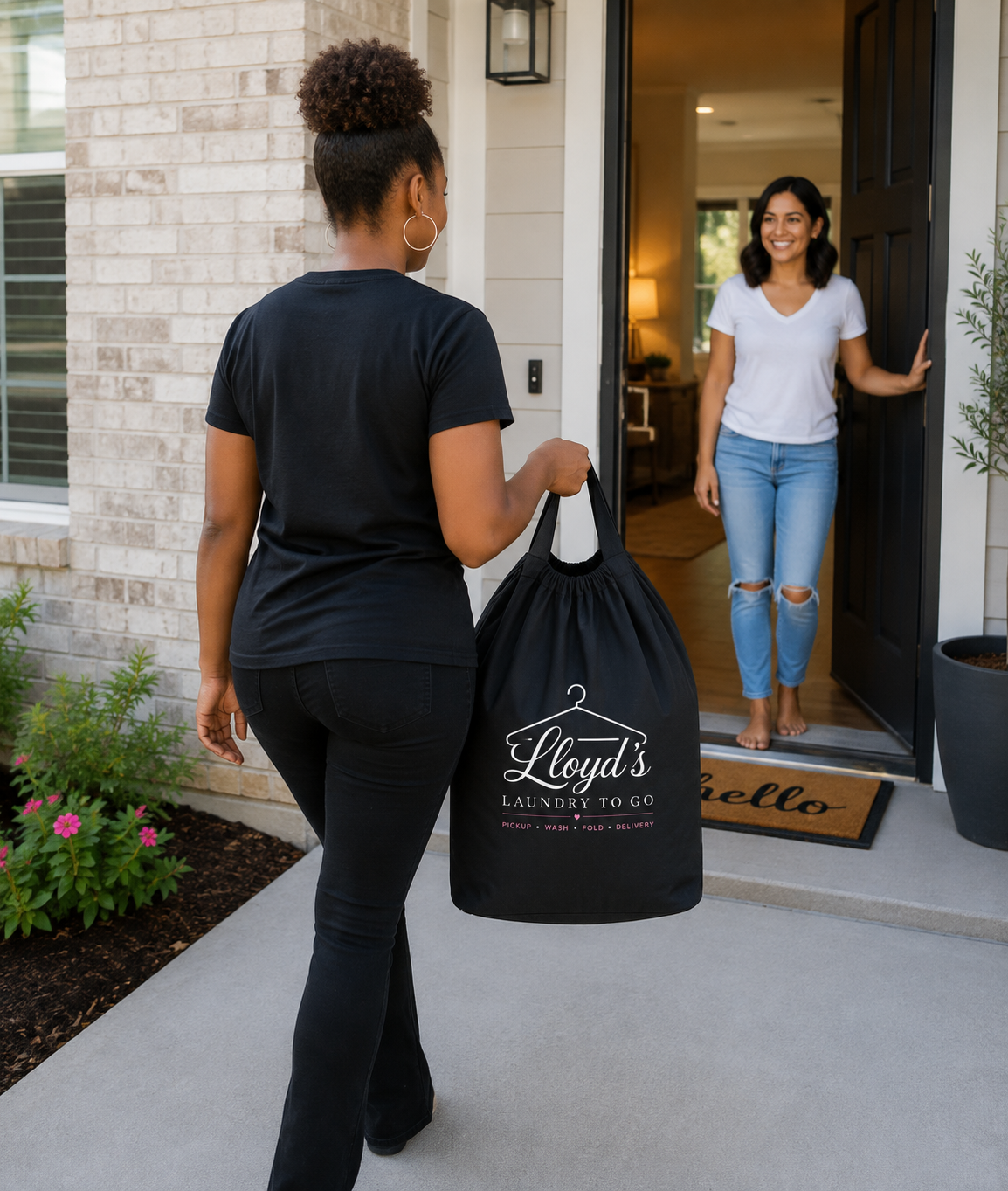 A woman holding a black laundry bag with Lloyd's Laundry To Go logo, standing outside a house, greeting a woman at the front door who is smiling and wearing a white t-shirt and ripped jeans.