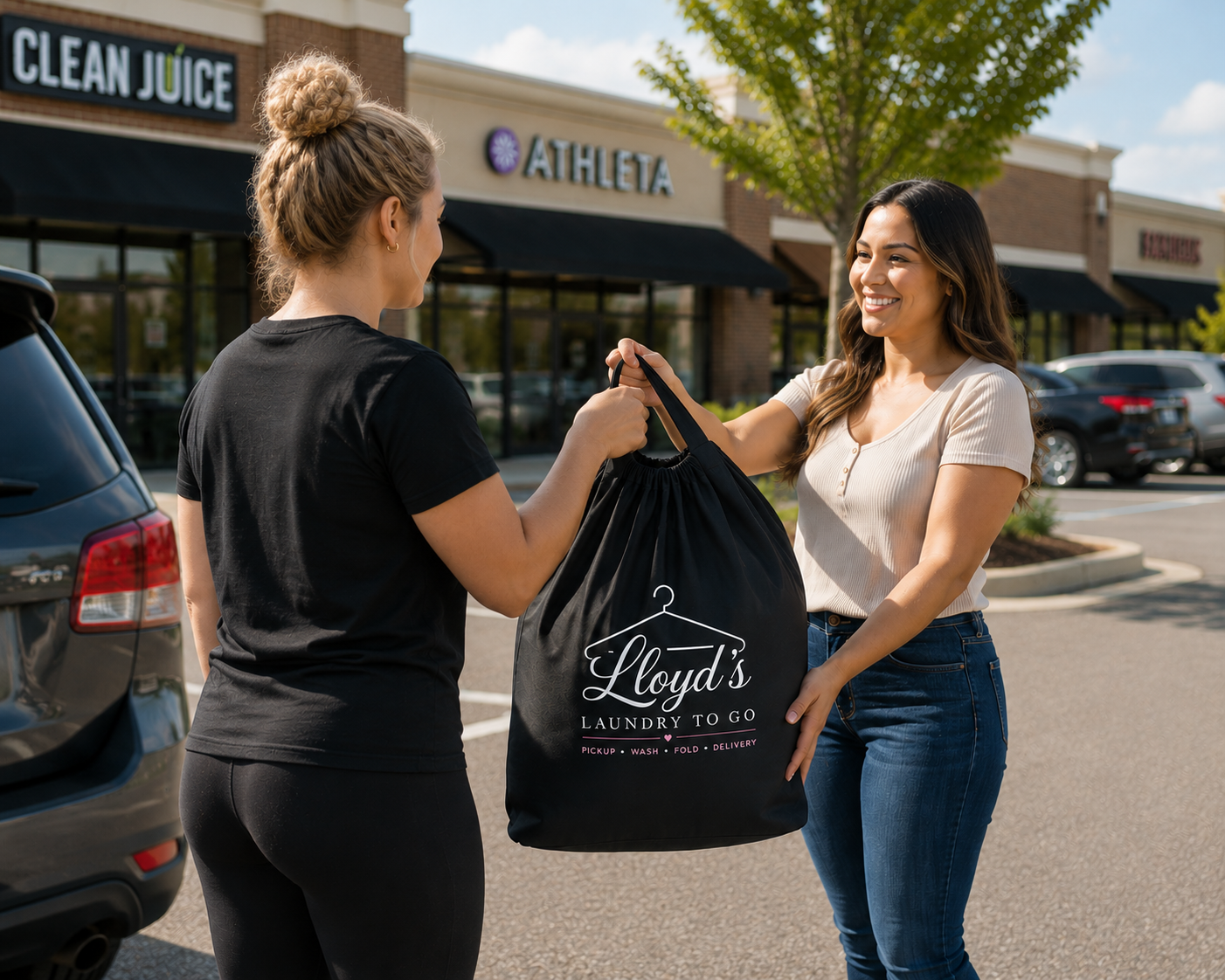 Two women exchanging a laundry bag labeled Lloyd's Laundry to Go outside a shopping center with stores, including Clean Juice and Athleta, parked cars, and green trees.