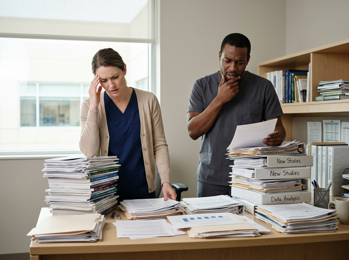 Two worried professionals, a woman and a man, standing at a cluttered desk with files, papers, and books, in a bright office, both inspecting documents.