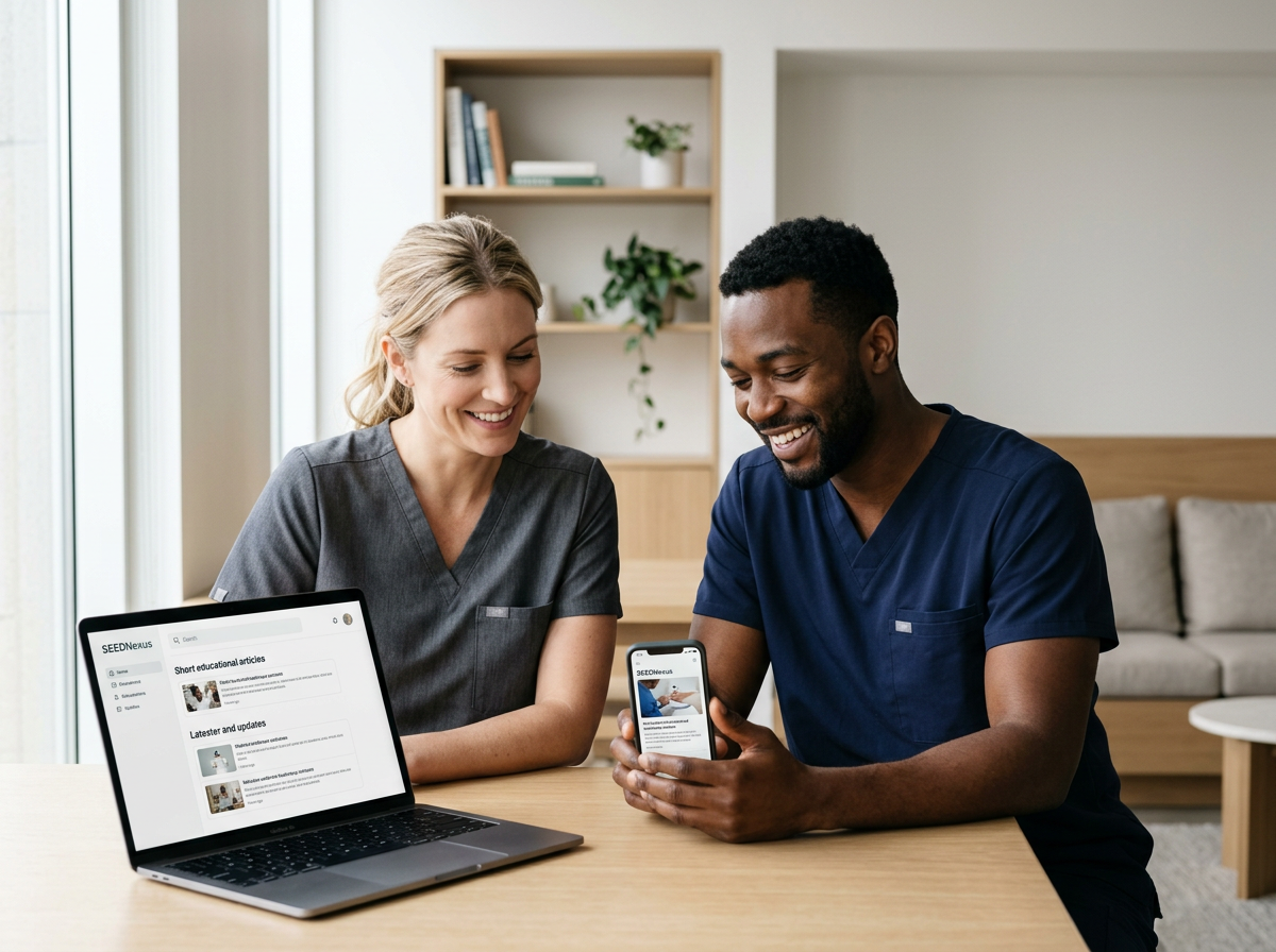 Two healthcare professionals, a woman and a man, sitting at a table with a laptop displaying an educational website and a smartphone showing a related webpage, smiling and looking at the phone.