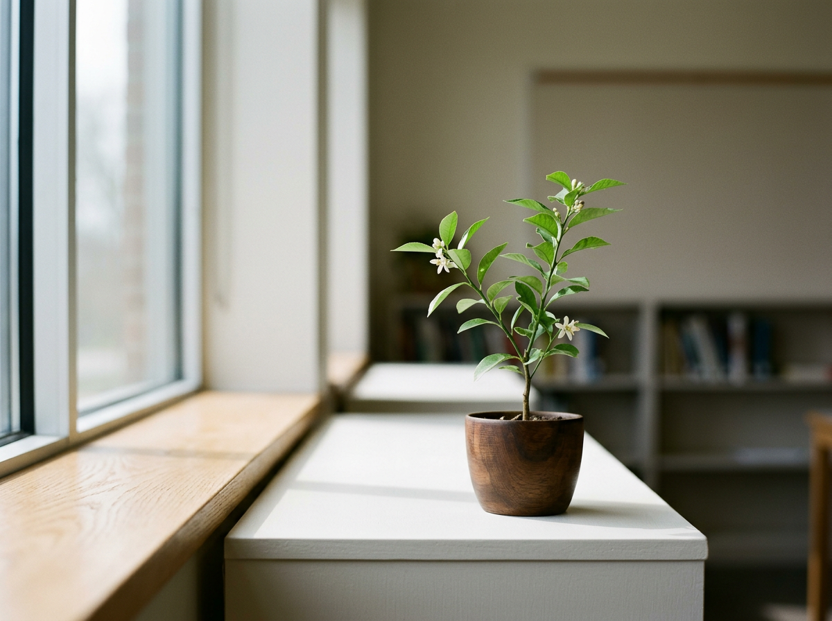 A potted green plant with small white flowers on a white windowsill in a bright room.