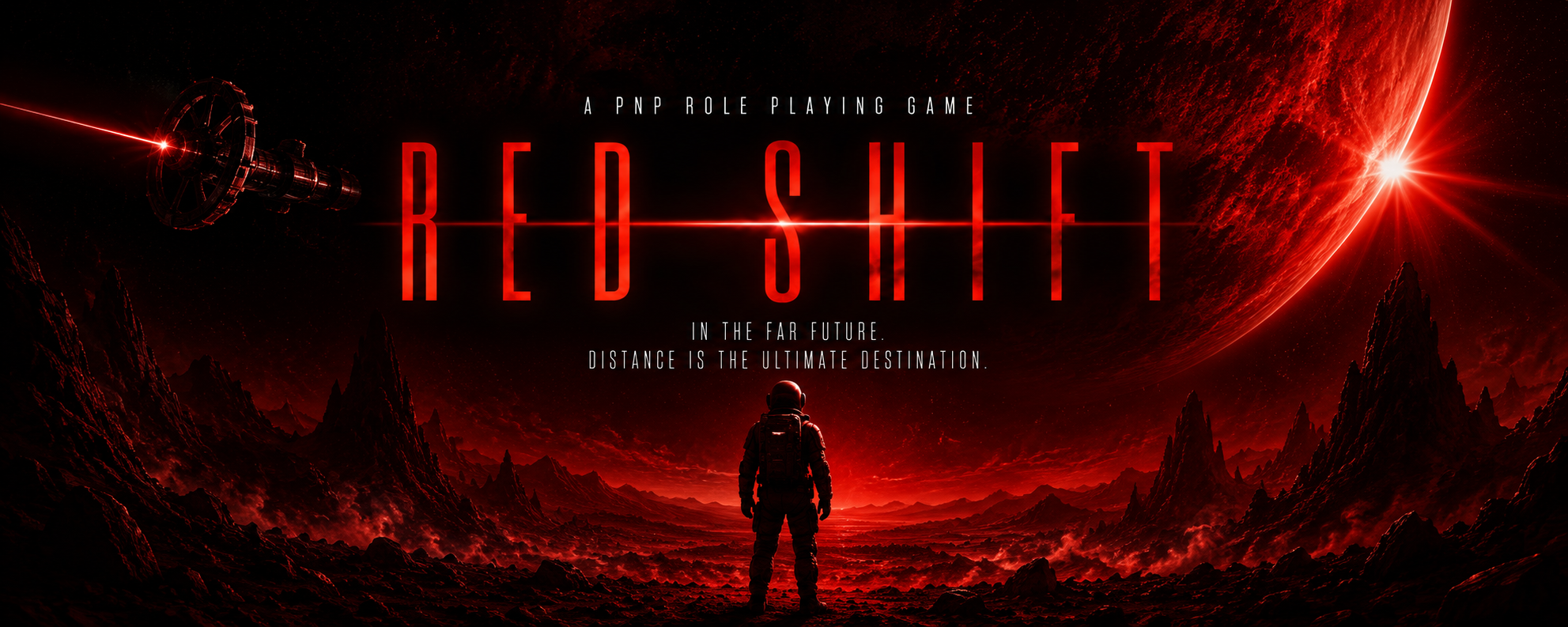 A futuristic space scene with a red planet and stars, a solitary astronaut facing the planet, a spacecraft, and the word 'Red Shift' in large red letters.